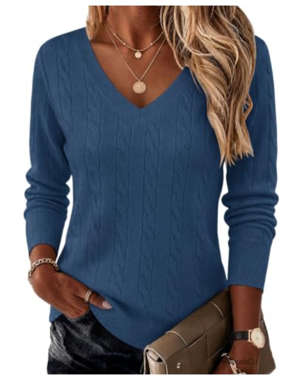 Cable Knit V Neck Long Sleeve Pullover Sweater Lightweight Fall